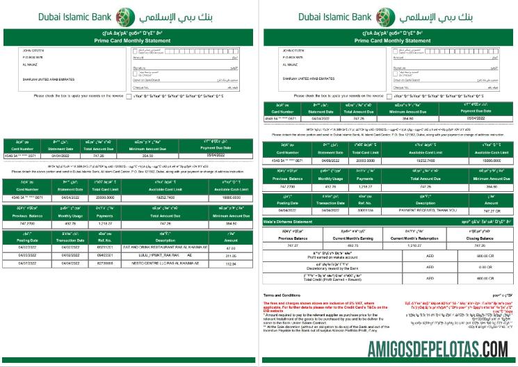 Modelo de extrato bancário islâmico dos Emirados Árabes Unidos Dubai em branco em formato Word e PDF em idioma árabe, 3 páginas